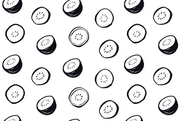 Fototapeta na wymiar Black and white hand drawn kiwi seamless pattern