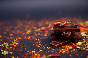 Black chocolate with peppers on the black background.