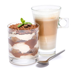 Classic tiramisu dessert in a glass and cup of coffee isolated on a white background with clipping path