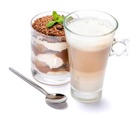 Classic tiramisu dessert in a glass and cup of coffee isolated on a white background with clipping path