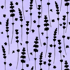 Lavender flowers black silhouettes seamless pattern on purple watercolor background.