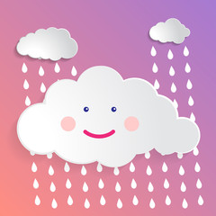 Flat art design graphic image of happy cloud with rain drops (baby shower concept) on pink and violet gradient pastel background