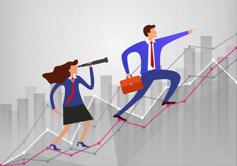 young businessman pointing to front in direction of motion and goes up through growth of business statistics charts showing various visualization graphs. effective manager looks into telescope