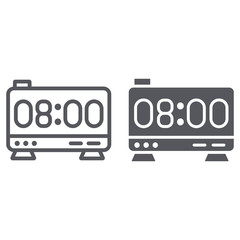 Electronic alarm clock line and glyph icon, digital and hour, clock display sign, vector graphics, a linear pattern on a white background.