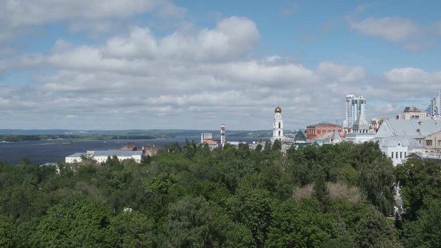view of the city of Samara, the Volga River, the Zhiguli Gate, the bell tower of the Iversky Women's Monastery