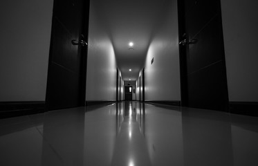 Perspective view of hotel corridor with ceiling lamp light. Hallway and hotel door. Empty...