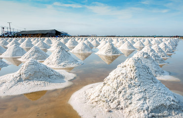 Sea salt farm and barn in Thailand. Organic sea salt. Raw material of salt industrial. Sodium...