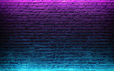 Modern futuristic neon lights on old grunge brick wall room background. 3d rendering - obrazy, fototapety, plakaty