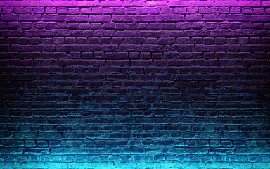 Fototapeten Modern futuristic neon lights on old grunge brick wall room background. 3d rendering © rottenman