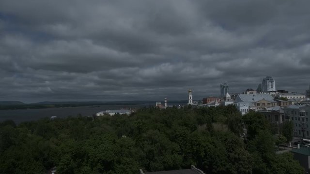 view of the city of Samara, the Volga River, the Zhiguli Gate, the bell tower of the Iversky Women's Monastery