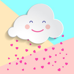 Flat art design graphic image of happy cloud with heart drops (baby shower concept) on pink and blue pastel background