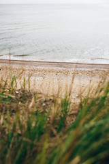Beautiful view at sandy beach with grass to sea waves. Beach  on tropical island at ocean bay or...