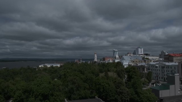 view of the city of Samara, the Volga River, the Zhiguli Gate, the bell tower of the Iversky Women's Monastery