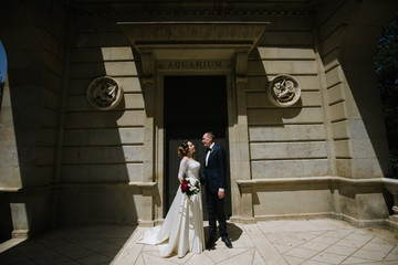 Bride and groom posing at the door of the building