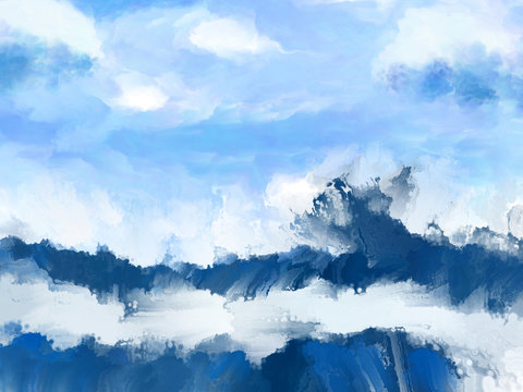 Abstract Art Blue Landscape. A Textural Image Of Clouds Or The Sea. Drawing Paints.