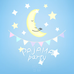 Fototapeta na wymiar Vector illustration with moon (crescent), stars, pennants and inscription Pajama Party in soft colors. 