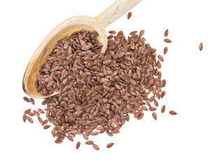 Linseeds or flax seeds on a wooden spoon from upper seen directly from above and isolated on white background 