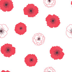 Seamless pattern with beautiful flowers of poppies on white background. 