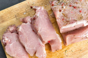 sliced raw pork steaks, raw meat