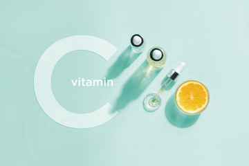 Organic bio cosmetics with vitamin C. Homeopathic oils, supplements. Concept of Minimalism Flat lay - obrazy, fototapety, plakaty