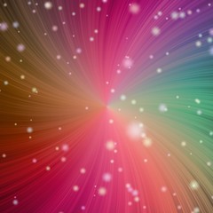 Colorful beams swirl in spiral. Foggy cloud with falling snowflakes. Black backround