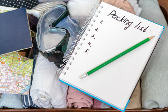 Packing List Or Travel Planner. Preparing For Vacation, Journey Or Trip.