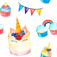 Magic seamless pattern with unicorn, cupcakes, flags and rainbow. Watercolor illustration. Isolated on a white background.	