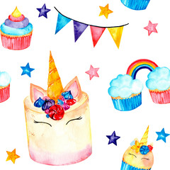 Magic seamless pattern with unicorn, cupcakes, flags, rainbow, colorful stars. Watercolor illustration. Isolated on a white background.
