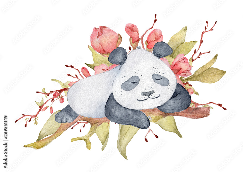 Canvas Prints Watercolor panda bear illustration with sakura flowers decor Cute animal