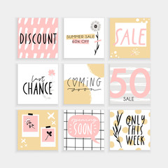 Naklejka premium Summer Instagram, fashion, brand ad templates collection for posts and stories advertising. Social media trends. Textured, patterns, background. Pink sand gold white color palette. Vector 