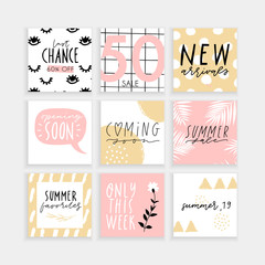 Naklejka premium Summer Instagram, fashion, brand ad templates collection for posts and stories advertising. Social media trends. Textured, patterns, background. Pink sand gold white color palette. Vector 