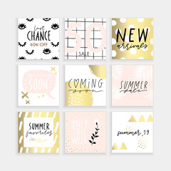 Summer Insta business, fashion, brand ad templates collection for posts and stories advertising.  Social media trends. Textured, patterns, background. Pale rose, pink gold white color palette. Vector 