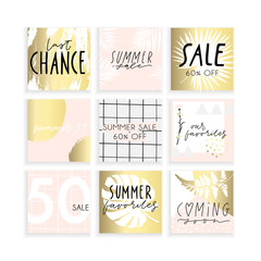 Summer Insta business, fashion, brand ad templates collection for posts and stories advertising.  Social media trends. Textured, patterns, background. Pale rose, pink gold white color palette. Vector 