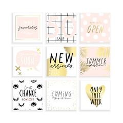 Summer Insta business, fashion, brand ad templates collection for posts and stories advertising.  Social media trends. Textured, patterns, background. Pale rose, pink gold white color palette. Vector 