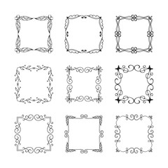 Set of vector isolated vintage square flourish frames and fancy borders. Calligraphic design elements.