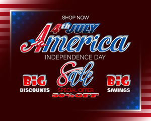 Holiday background with handwriting and 3d texts and national flag colors for Fourth of July, American Independence day, sales, commercial events; Vector illustration