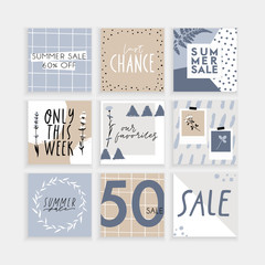 Naklejka premium Summer Insta business, fashion, brand ad templates collection for posts and stories advertising. Social media trends. Textured, patterns, background. Soft pale blue pastel color palette. Vector 