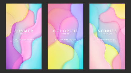 Dynamic colorful stories template design set with fluid rainbow gradient transparent elements. Creative illustration for poster, web, landing, page, cover, ad, greeting, card, social media, promotion.