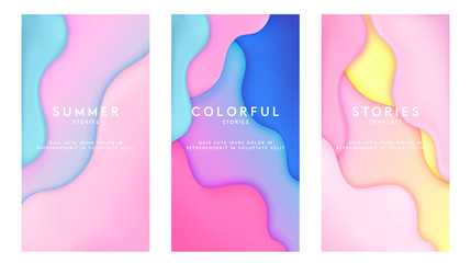 Dynamic colorful stories template design set with fluid rainbow gradient transparent elements. Creative illustration for poster, web, landing, page, cover, ad, greeting, card, social media, promotion.