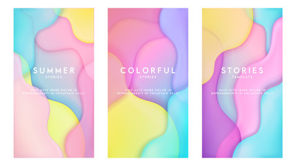 Dynamic colorful stories template design set with fluid rainbow gradient transparent elements. Creative illustration for poster, web, landing, page, cover, ad, greeting, card, social media, promotion.