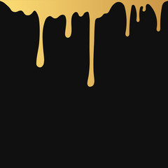 Hand drawn gold paint splatter. Fluid background. Glitter ink drip. Melting graffiti golden drops.
