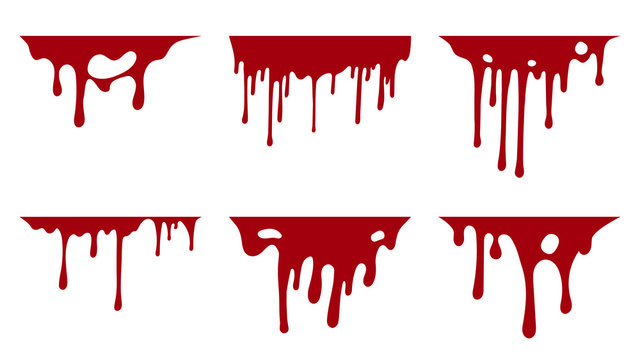 Hand drawn collection of blood paint splatter backgrounds. Horror leak. Bloody Ink drip. Melting graffiti drops. Vector isolated red grunge stain.