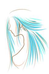 Line draw color vector side view long hair girl