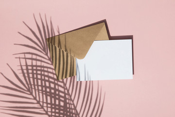 Summer palm leaf shadow on blank white card and brown paper envelope mock up
