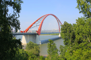 panorama of a bridge with an arch over the river ob