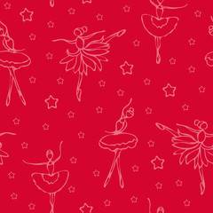 Dancing ballerina silhouette on bright pink background with stars © Randmaart