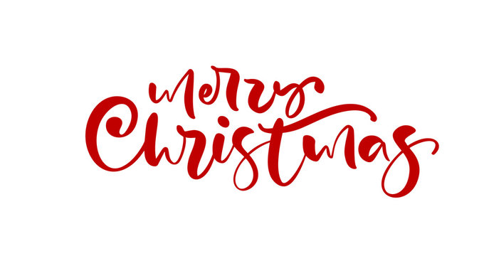 Merry Christmas red calligraphic hand drawn lettering text. Vector illustration Xmas calligraphy on white background. Isolated element for banner postcard, poster design greeting card