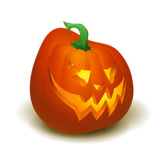 Realistic vector Halloween pumpkin with candle inside. Happy face Halloween pumpkin isolated on white background.. Vector Eps 10