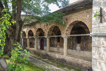 Fototapeta premium Decorated exonarthex of St. Nicholas Church, 1721. Cultural Monument of Albania. Korce County, Moscopole (Voskopoje)