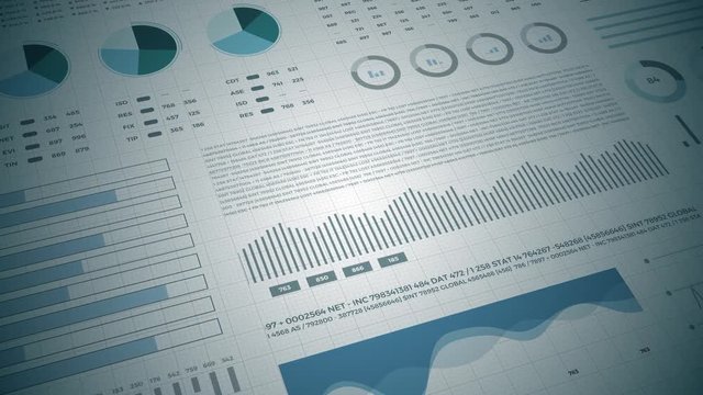 Statistics infographics, financial market data, analysis and reports, numbers and graphs. Abstract animation in motion graphics 4K ProRes 4444 loopable.